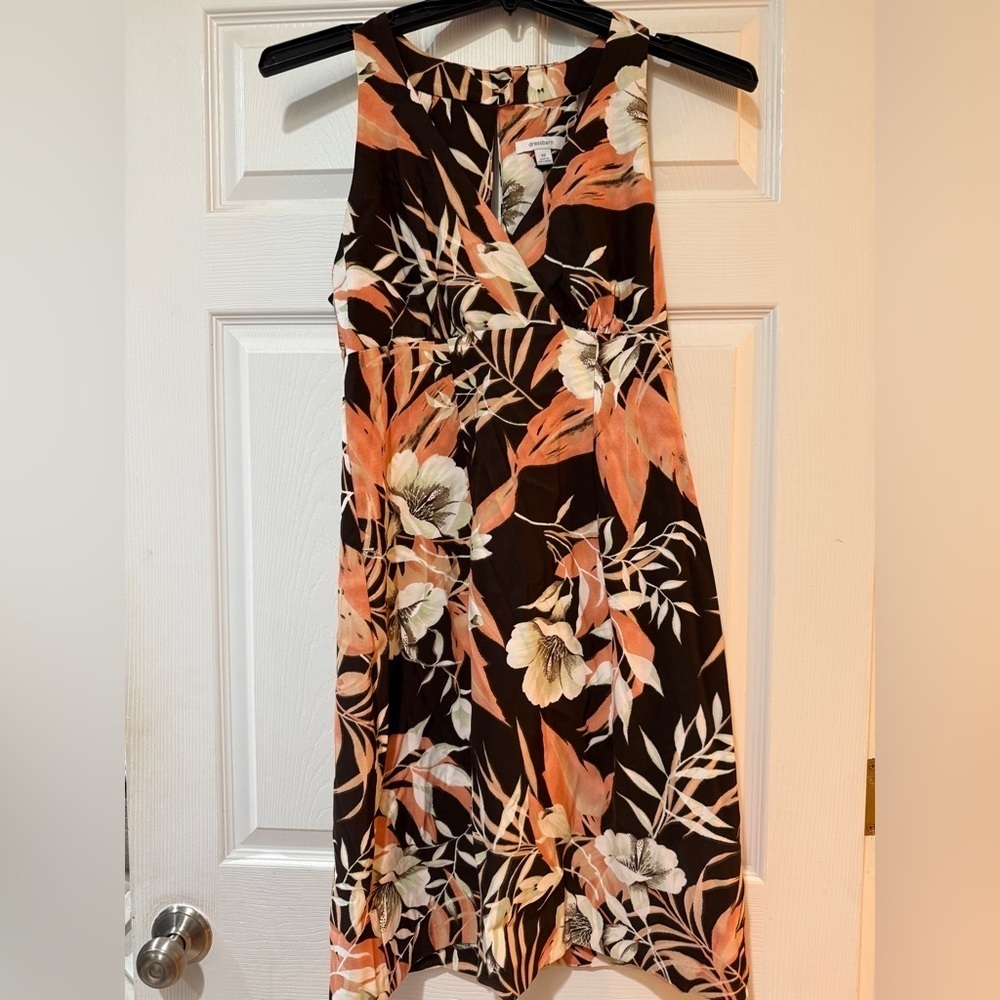 Dressbarn Peach Brown White Tropical Halter Sundress Midi vacay tropical cruise